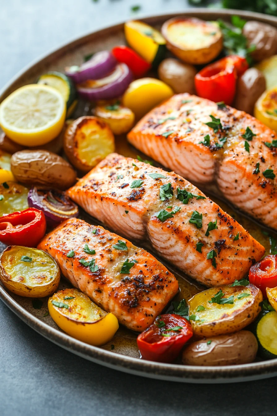Close-up of a one sheet pan meal with salmon, roasted vegetables, and herbs on a clean background.