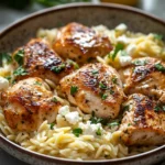 Close-up of one skillet lemon butter dijon chicken and orzo with feta sauce, garnished with herbs.