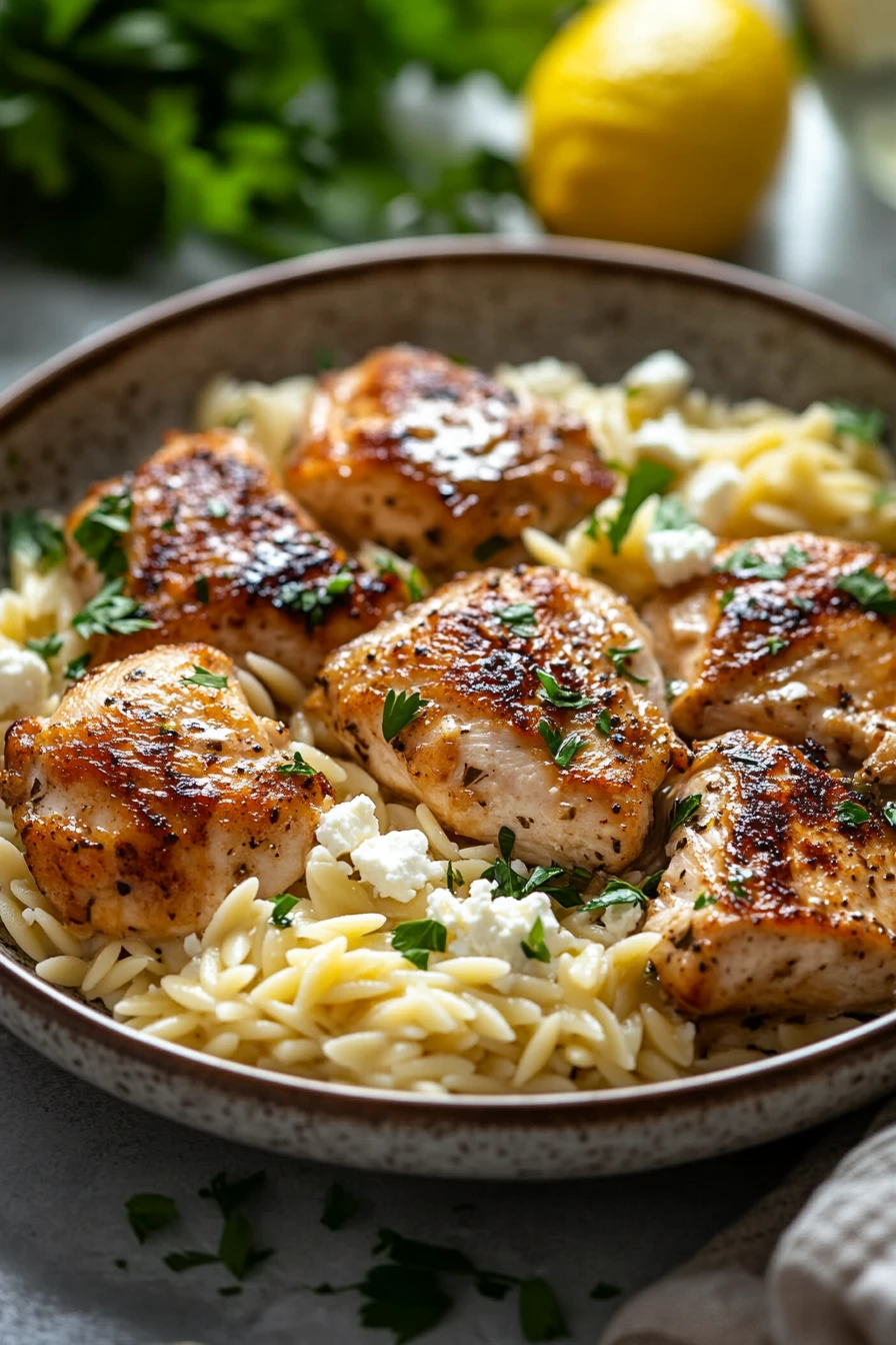 Close-up of one skillet lemon butter dijon chicken and orzo with feta sauce, garnished with herbs.