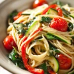 Close-up of a low calorie pasta dinner with creamy sauce and herbs