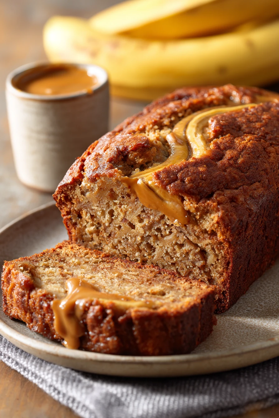 When Morning Cravings Hit: Peanut Butter Banana Bread to the Rescue 2 Close-up of peanut butter banana bread with a warm, inviting texture.
