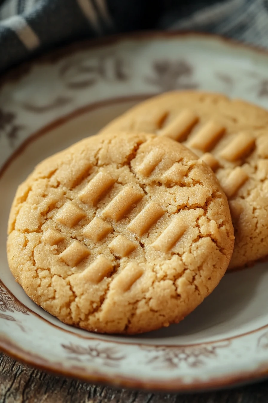 Close-up of a peanut butter cookie with a golden brown texture on a minimal background.