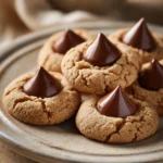 Close-up of peanut butter cookies with chocolate kisses on top, displayed on a white plate.