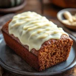 Close-up of pumpkin bread with icing on a clean background