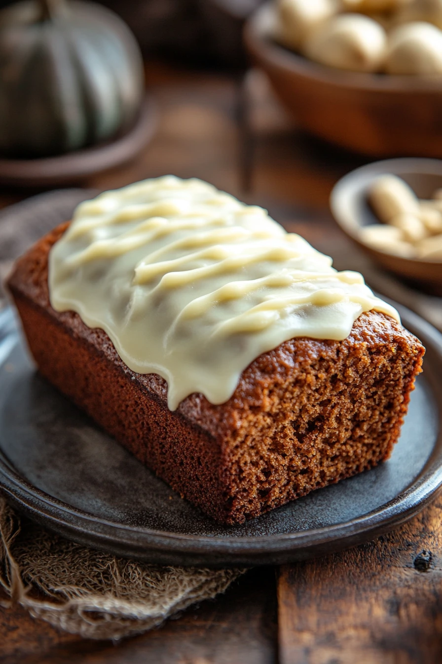 Close-up of pumpkin bread with icing on a clean background