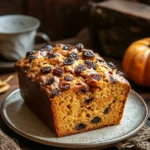 When a Slice of Pumpkin Raisin Bread Feels Like a Warm Hug 3 Close-up of freshly baked pumpkin raisin bread with a golden crust.