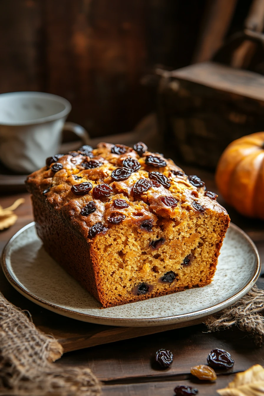 When a Slice of Pumpkin Raisin Bread Feels Like a Warm Hug 2 Close-up of freshly baked pumpkin raisin bread with a golden crust.