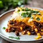 Close-up of quinoa beef enchilada casserole with melted cheese and herbs