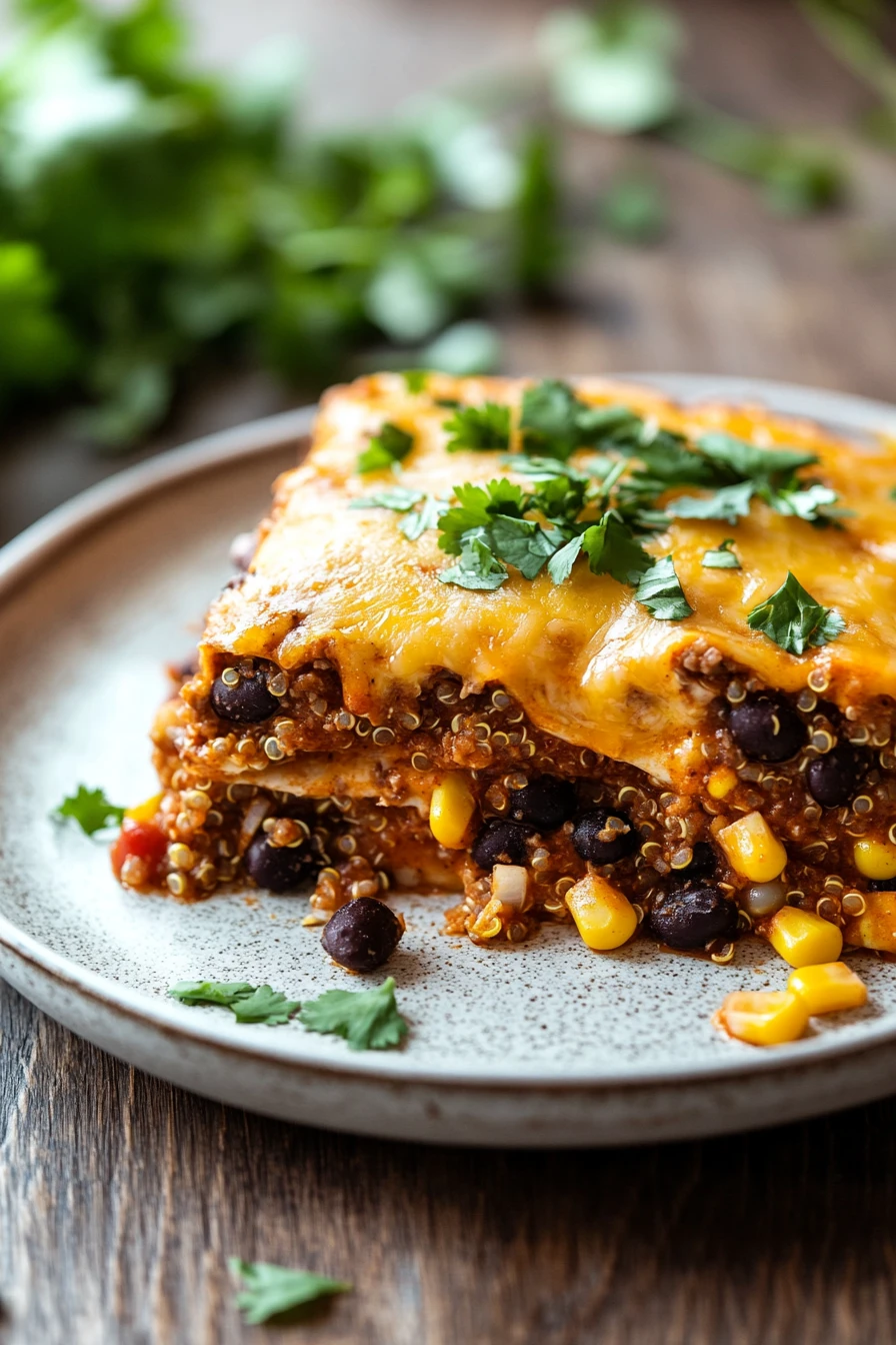 Close-up of quinoa beef enchilada casserole with melted cheese and herbs