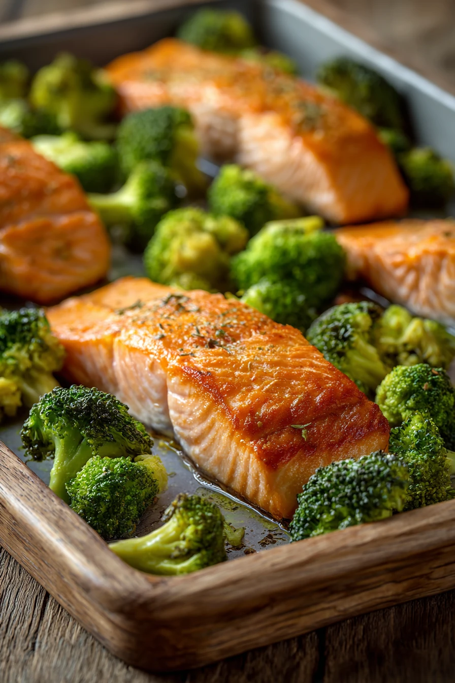 Salmon and Broccoli Sheet Pan Dinner for a Cozy Night In 2 Close-up of a salmon and broccoli sheet pan dinner with bright, warm lighting.