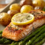 When You Crave Comfort: A Baked Salmon Dinner with Roasted Veggies 3 Close-up of a salmon baked dinner with bright lighting and minimal background.