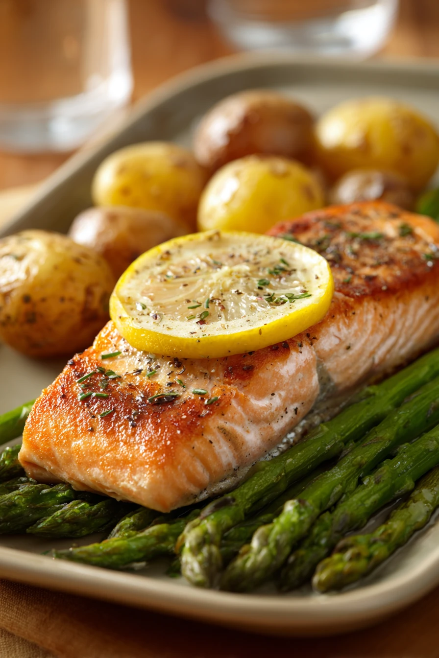 When You Crave Comfort: A Baked Salmon Dinner with Roasted Veggies 2 Close-up of a salmon baked dinner with bright lighting and minimal background.
