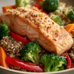 Close-up of a salmon dinner with quinoa, garnished with herbs and lemon slices.