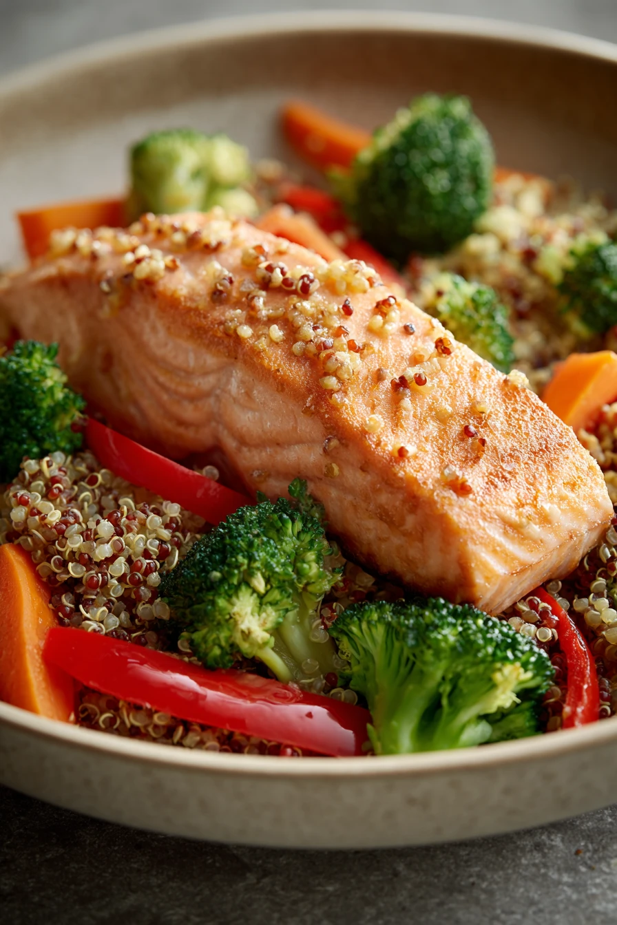 Close-up of a salmon dinner with quinoa, garnished with herbs and lemon slices.