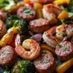 Close-up of a sausage and shrimp sheet pan meal with bright colors and clean presentation