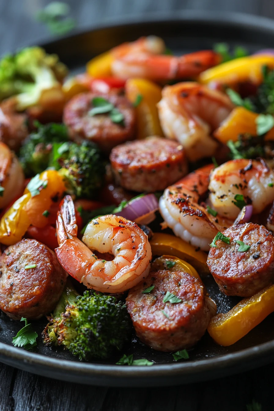 Close-up of a sausage and shrimp sheet pan meal with bright colors and clean presentation
