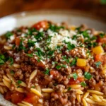 Close-up of a savory ground beef orzo dish with herbs and a clean background.