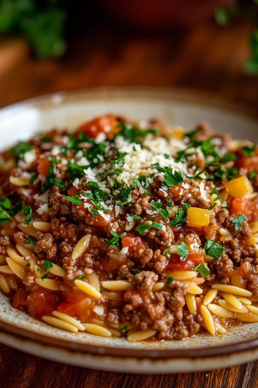 Close-up of a savory ground beef orzo dish with herbs and a clean background.
