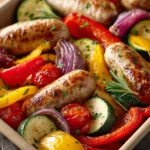 Close-up of sheet pan chicken sausages with roasted vegetables on a baking sheet.
