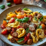 Close-up of sheet pan dinner tortellini with creamy sauce and herbs