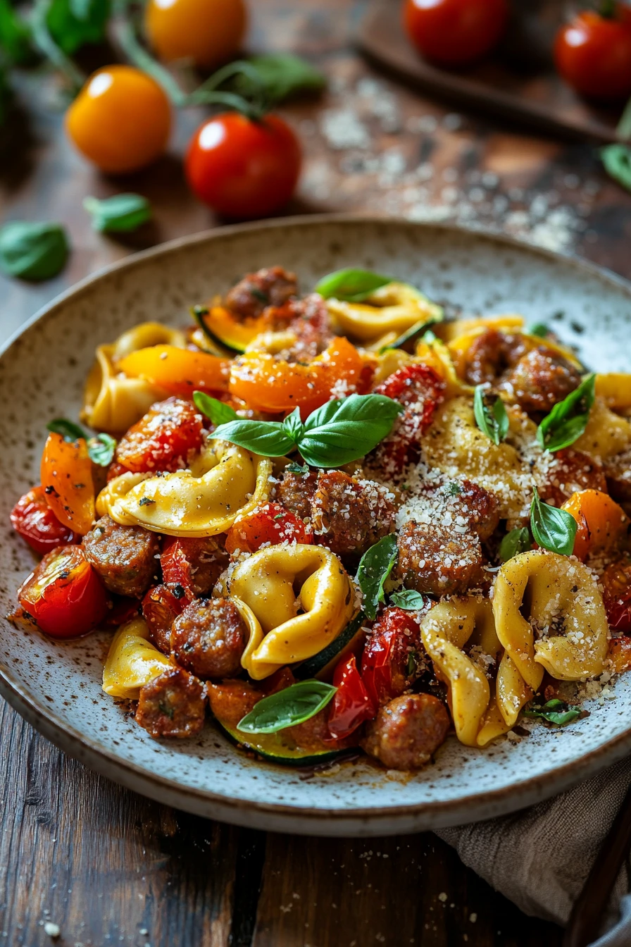 Close-up of sheet pan dinner tortellini with creamy sauce and herbs