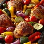 Close-up of sheet pan paprika chicken and veggies with bright colors and clean background