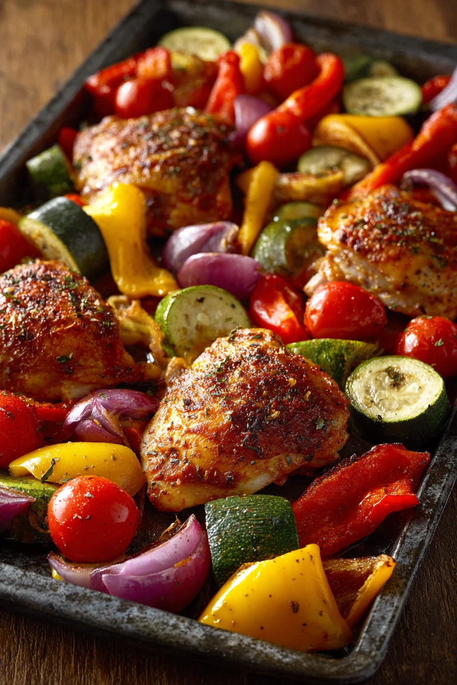 Close-up of sheet pan paprika chicken and veggies with bright colors and clean background