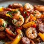Close-up of a sheet pan with sausage and shrimp, garnished with herbs and spices.