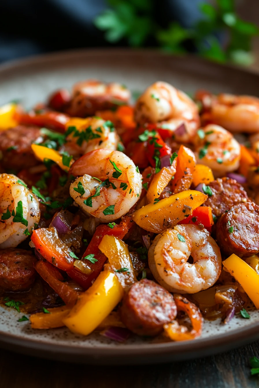 Close-up of a sheet pan with sausage and shrimp, garnished with herbs and spices.