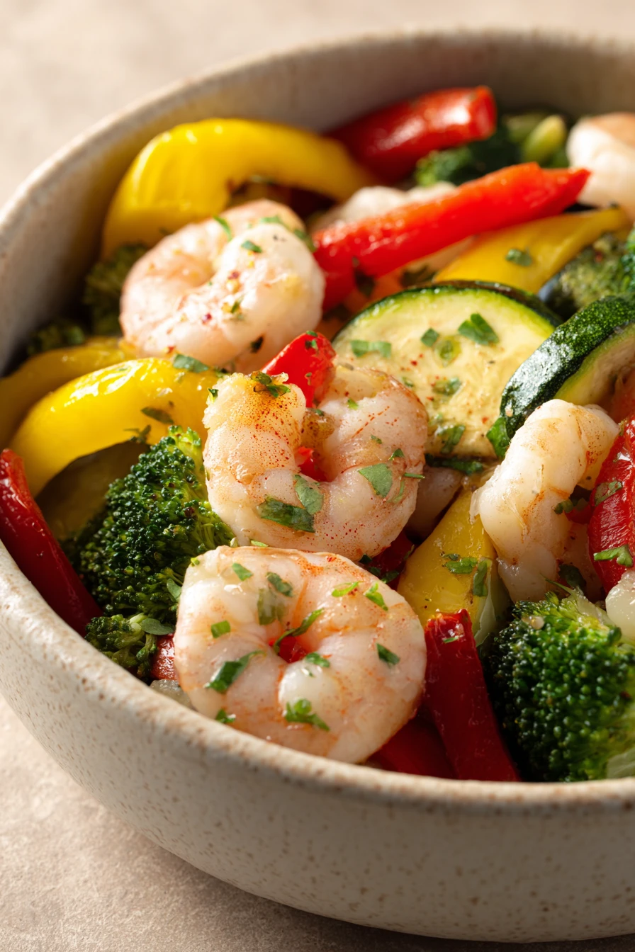 Close-up of shrimp and vegetables cooked in an air fryer, vibrant and appetizing.