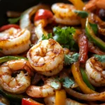 Close-up of a shrimp fajita skillet with vibrant vegetables and shrimp in a cast iron pan.