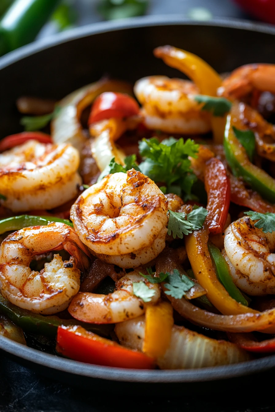Close-up of a shrimp fajita skillet with vibrant vegetables and shrimp in a cast iron pan.