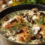 Close-up of skillet creamy mushroom chicken with a rich sauce and herbs