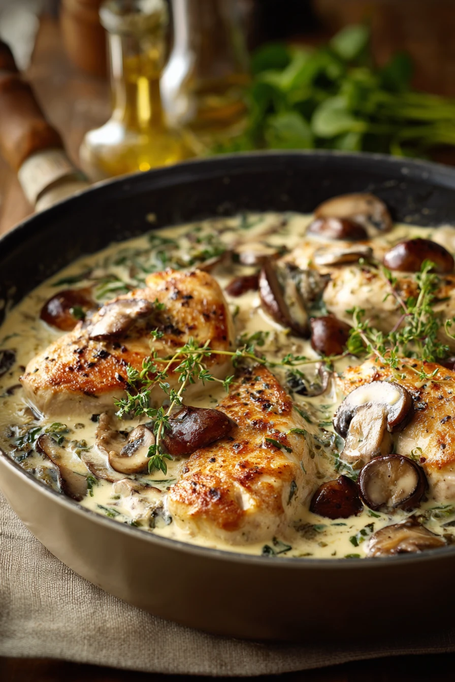 Close-up of skillet creamy mushroom chicken with a rich sauce and herbs