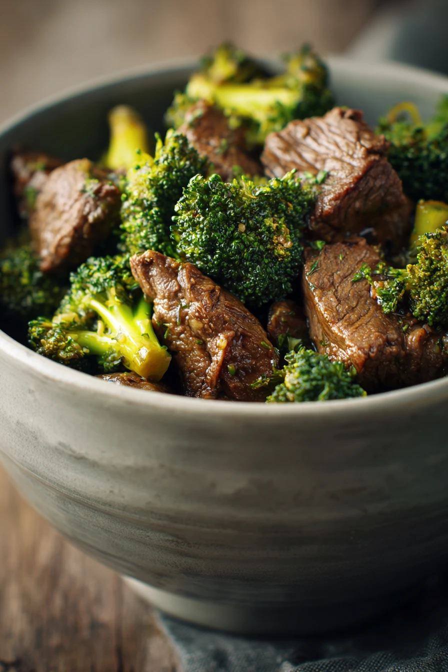 Close-up of slow cooker beef and broccoli with bright lighting and minimal background.