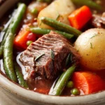 Close-up of slow cooker beef and veggie soup with visible chunks of beef and vegetables in a rich broth.