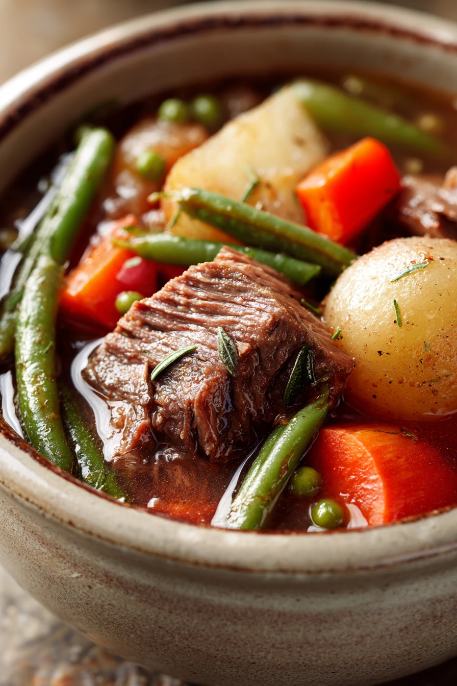 Close-up of slow cooker beef and veggie soup with visible chunks of beef and vegetables in a rich broth.