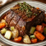 Close-up of a slow cooker beef chuck roast with rich, savory textures and minimal background.
