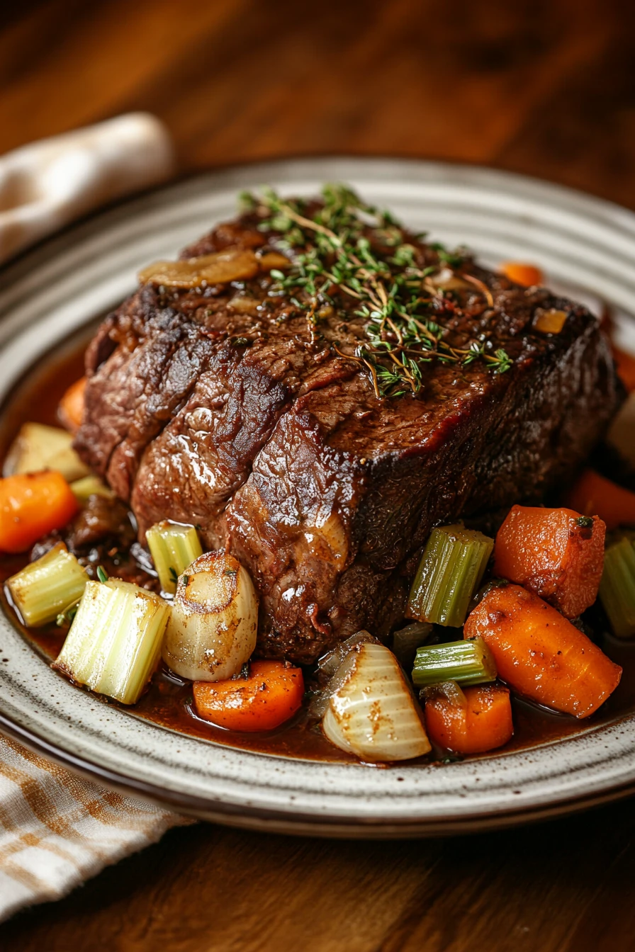 Close-up of a slow cooker beef chuck roast with rich, savory textures and minimal background.