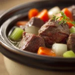 Close-up of slow cooker beef chunks with rich gravy and herbs