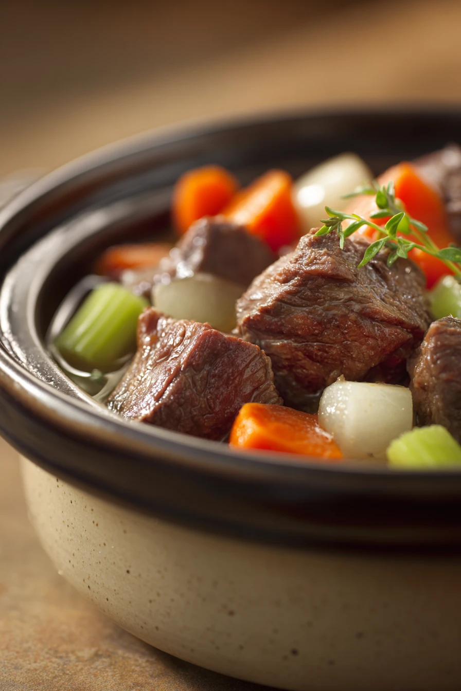 Close-up of slow cooker beef chunks with rich gravy and herbs