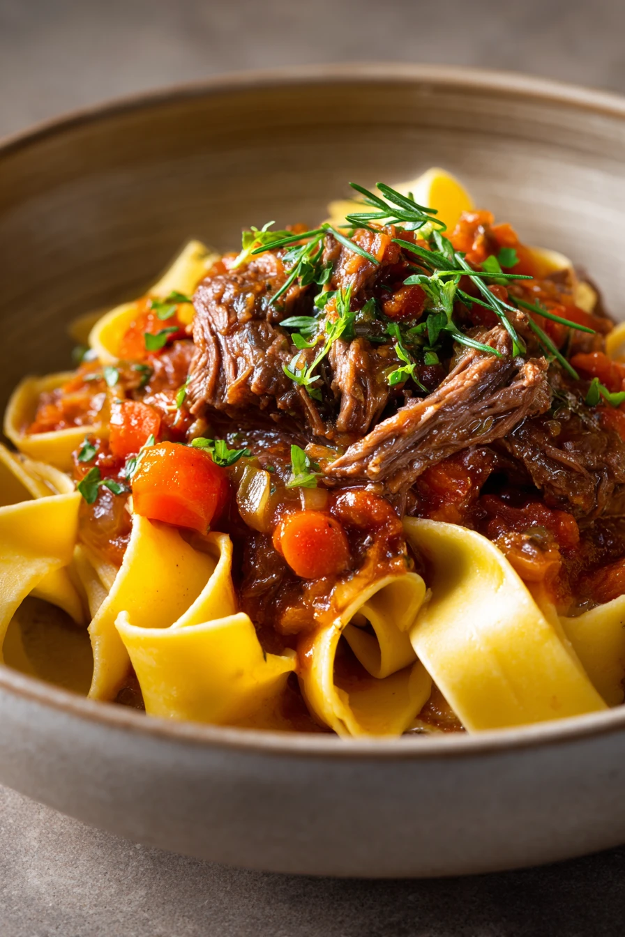 Close-up of slow cooker beef ragu with pappardelle pasta, garnished with herbs.