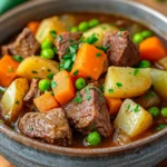 Close-up of slow cooker beef stew with chunks of beef and vegetables in a crock pot