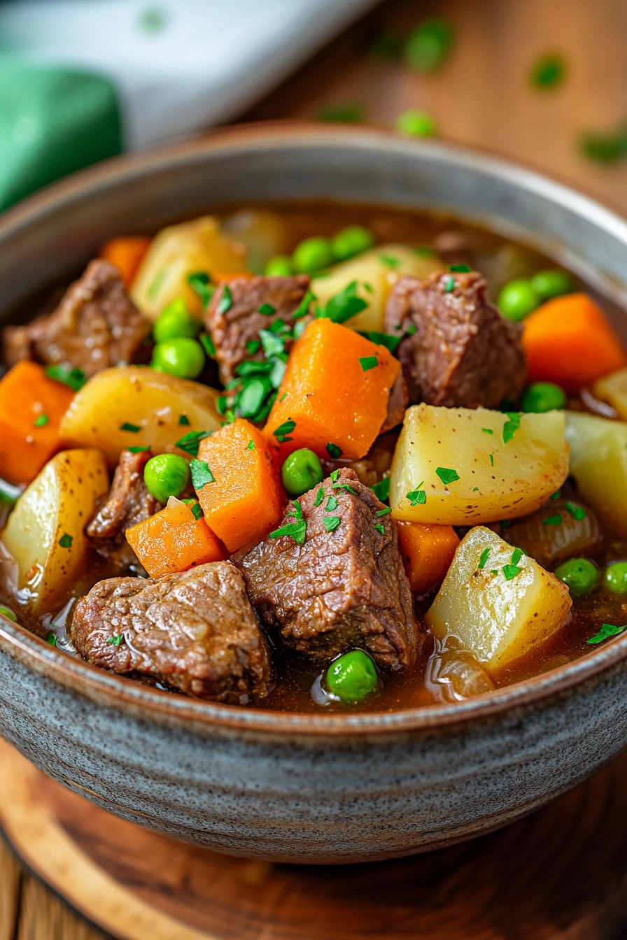 Close-up of slow cooker beef stew with chunks of beef and vegetables in a crock pot