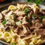 When You Need Slow Cooker Beef Stroganoff to Warm a Tired Weeknight 3 Close-up of slow cooker beef stroganoff with creamy sauce and tender beef pieces