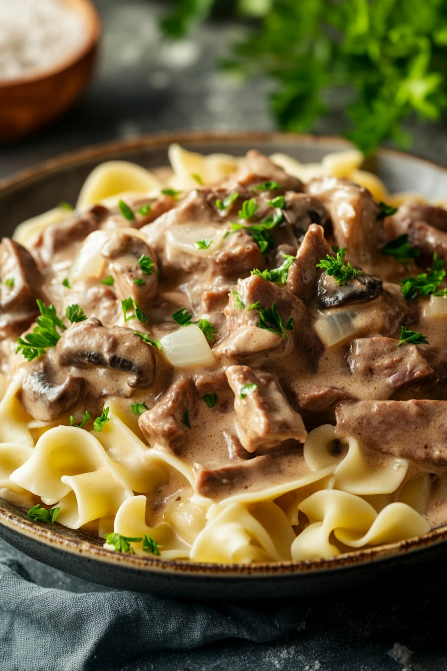 When You Need Slow Cooker Beef Stroganoff to Warm a Tired Weeknight 2 Close-up of slow cooker beef stroganoff with creamy sauce and tender beef pieces
