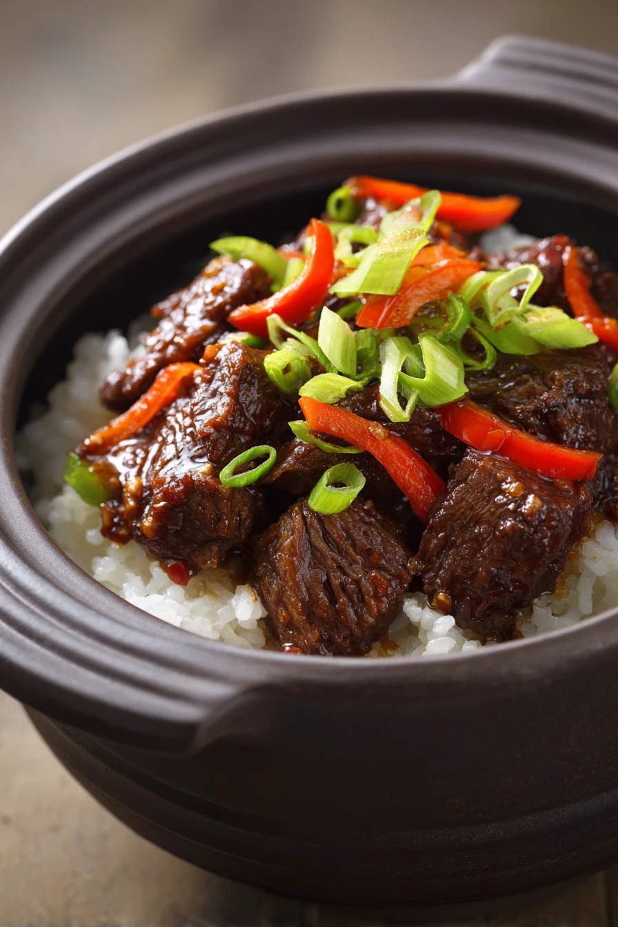 Slow Cooker Beef Teriyaki for Cozy Weeknight Dinners 2 Close-up of slow cooker beef teriyaki with a glossy sauce and garnished with sesame seeds.