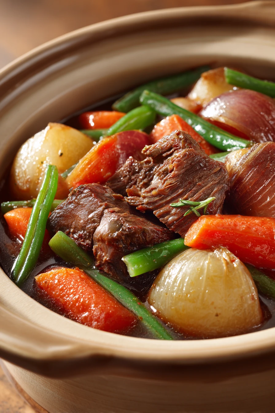 Slow Cooker Beef Vegetable Stew for Cozy Evenings at Home 2 Close-up of slow cooker beef vegetable dish with vibrant vegetables and tender beef.