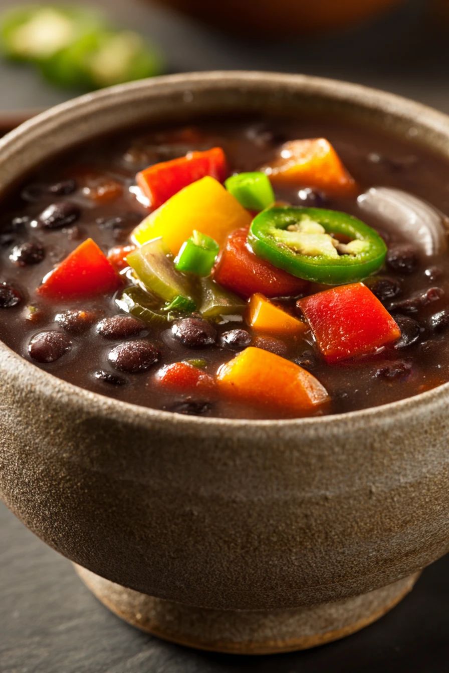 Slow Cooker Black Bean Soup to Warm You on a Chilly Evening 2 Close-up of slow cooker black bean soup with garnishes in a white bowl.
