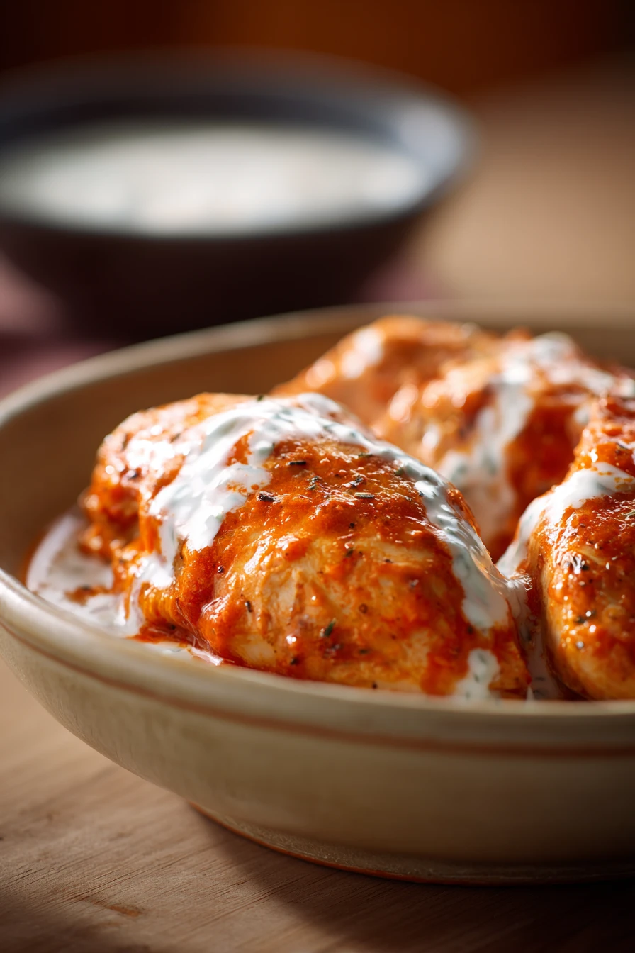Slow Cooker Buffalo Chicken with Greek Yogurt for Cozy Weeknight Dinners 2 Close-up of slow cooker buffalo chicken with creamy Greek yogurt sauce, garnished with herbs.